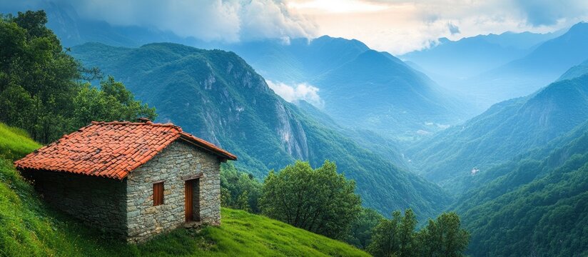 Scenic mountain landscape with traditional stone horreo surrounded by lush greenery and dramatic cloud formations in the northern region.