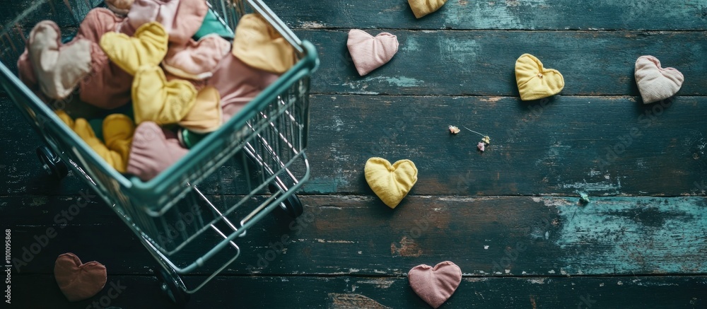 Poster shopping cart with colorful fabric hearts on rustic wooden table creating a warm and inviting atmosp
