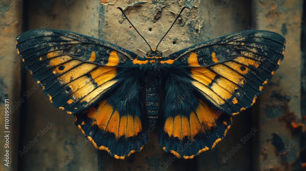 Poster vibrant moth with striking orange and black patterns resting on a textured surface showcasing its in