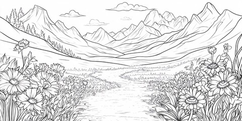 Obraz premium Line art drawing of a mountain valley path lined with wildflowers. Generative ai