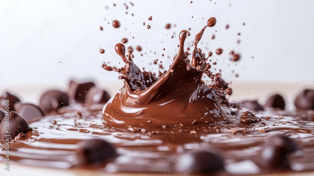 Poster chocolate splash isolated on a white background creating dynamic motion with cocoa droplets and choc