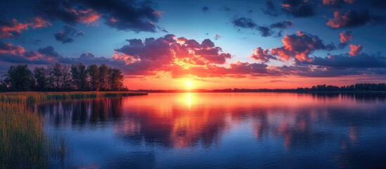 Panoramic sunset view over a tranquil river with vibrant reflections and dramatic clouds enhancing the serene landscape beauty