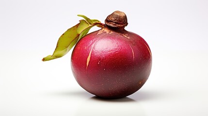 Fresh ripe mangosteen fruit with green leaves isolated on a clean white background showcasing its vibrant color and unique texture.