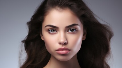 Fototapeta premium Portrait of a young woman with flawless skin and natural beauty showcasing confidence and elegance against a neutral background.