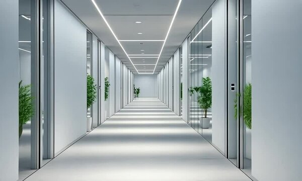A modern, well-lit office corridor with plants and glass partitions.