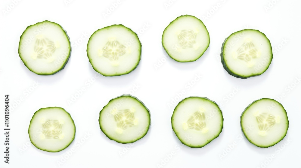 Aufkleber fresh round cucumber slices arranged artistically from different angles on a clean white background 