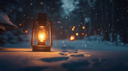 A lantern glowing warmly in a snowy outdoor scene with fresh footprints in the snow