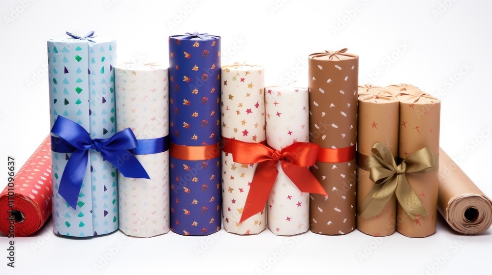 Poster variety of colorful wrapping paper rolls with ribbons and bows arranged neatly on a white background