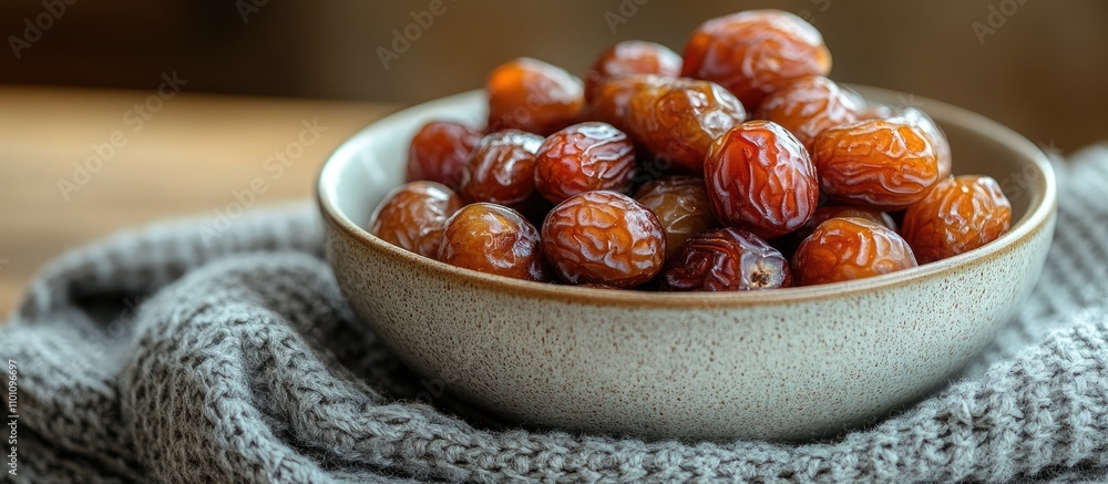 Poster bowl of dried date fruits on a cozy folded grey blanket creating a warm and inviting atmosphere for 