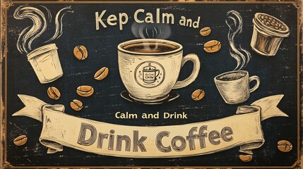 Vintage style coffee poster design with steaming mugs, beans, and text "Keep Calm and Drink Coffee". Generative ai