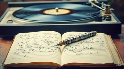 Vinyl Record Player with Handwritten Journal and Vintage Pen