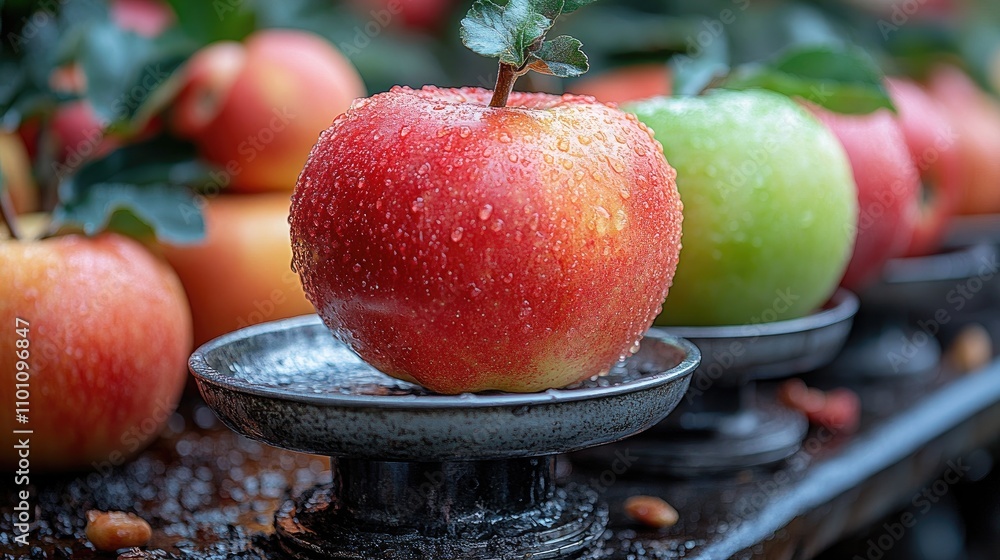 Poster scale displaying fresh red and green apples with water droplets showcasing their vibrant colors and 