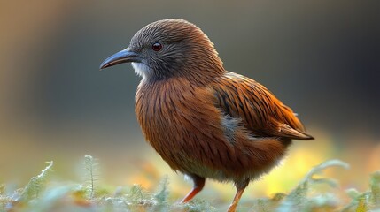 Kiwi Bird Standing on the Ground in Soft Natural Light with a Blurred Background