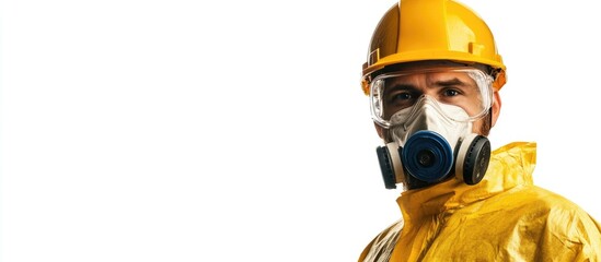 Industrial worker in protective gear with safety helmet on a white background showcasing personal protective equipment in a workplace setting
