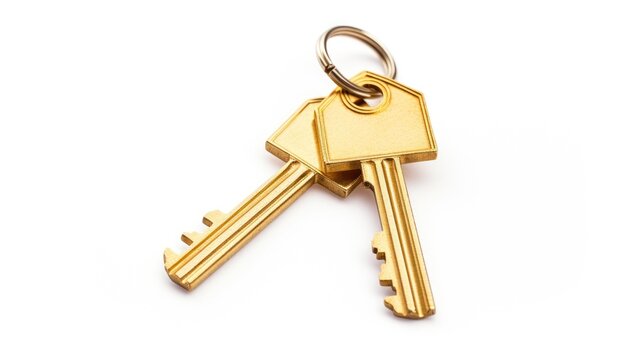 House key set with gold metal keyring shaped like a house on a clean white background perfect for real estate or homeownership themes