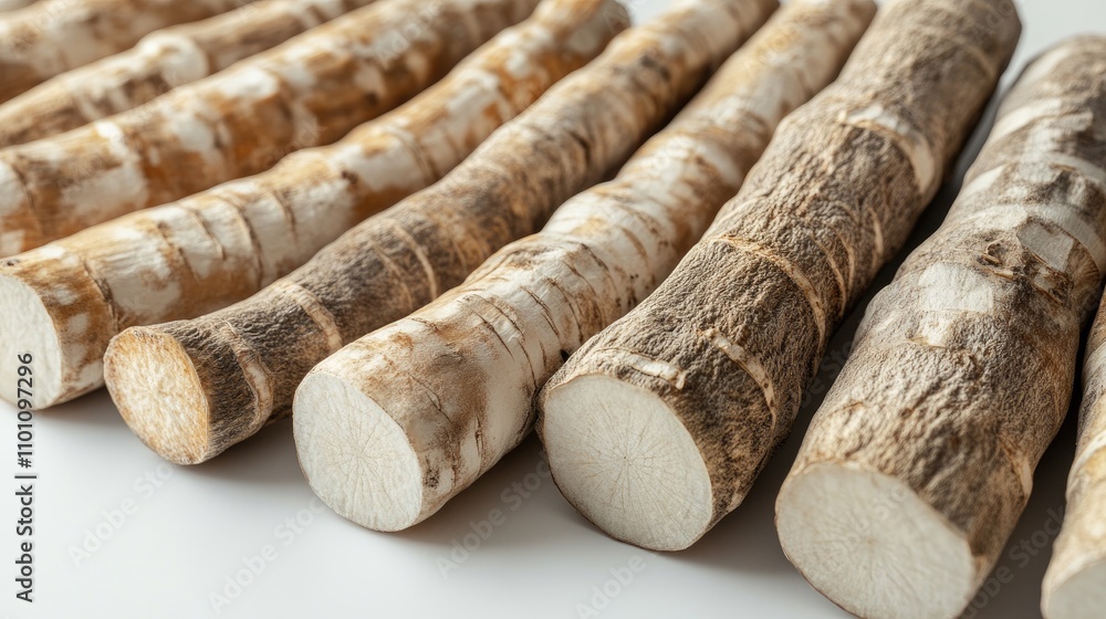 Poster fresh chinese yam varieties arranged neatly on a white background showcasing their distinct textures