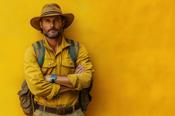 Fototapeta premium Man in hat and yellow shirt standing against yellow wall.