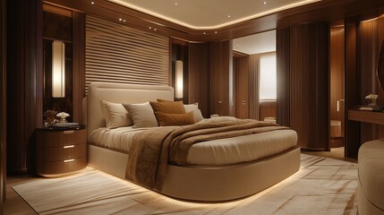  Bedroom Interior in Modern Apartment with Wood Furniture and Wall
