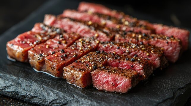 Roast beef slices perfectly seasoned with black pepper and cumin garnished on a slate serving board
