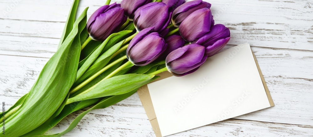Poster purple tulips arranged on white paper with space for text against a rustic wooden background creatin