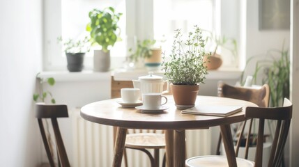 Obraz premium Scandinavian Charm Kitchen with Potted Herbs and Minimalist Simplicity