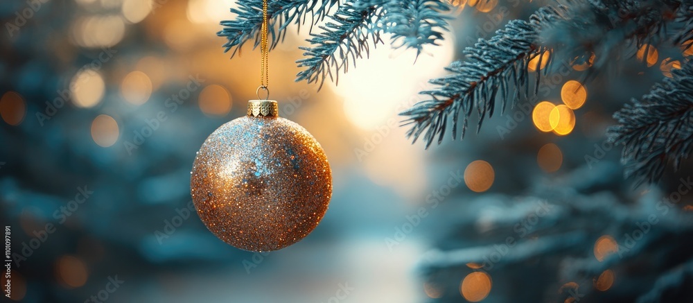 Poster decorative golden bauble ornament hanging from a snowy evergreen tree with soft bokeh lights in a se