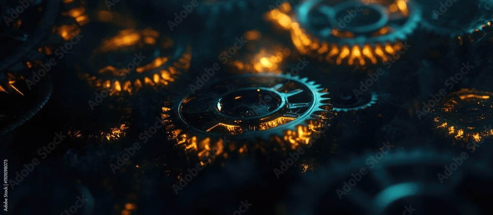 Poster close up of intricate machine gears illuminated with warm light representing industrial engineering 