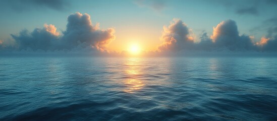 Fototapeta premium Serene sunrise over calm ocean waters with vibrant clouds reflecting golden light in a tranquil seascape setting