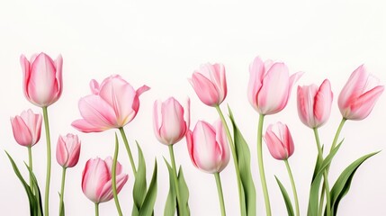 Pink tulips with green leaves arranged on a white background showcasing elegance and beauty of spring flowers in full bloom