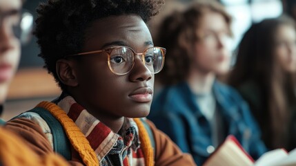 Teenagers in a lively discussion at a club meeting, showcasing focused expressions and open books, highlighting engagement and collaboration.