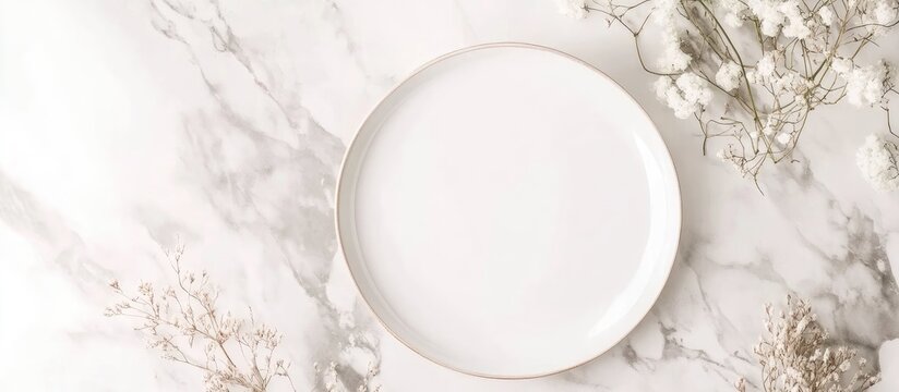 Elegant white plate on marble background with delicate floral accents perfect for romantic table settings and culinary presentations
