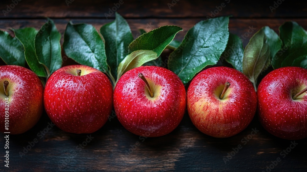Poster row of vibrant green apples with a striking red apple at the center displayed on a rustic wooden tab