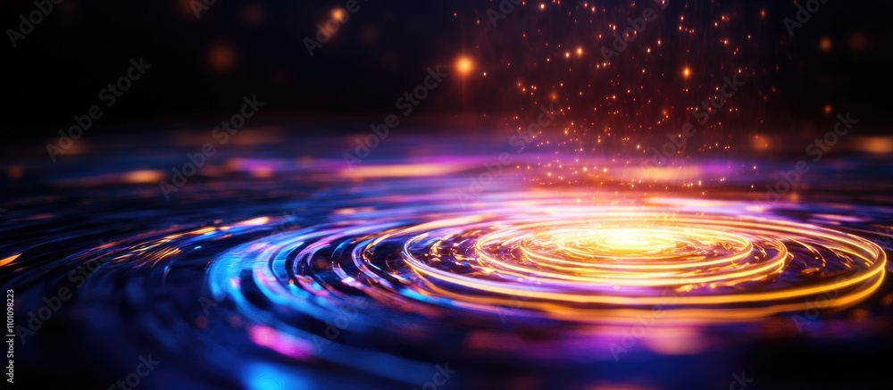 Poster neon circles and light waves in a black digital environment abstract technology concept for processi