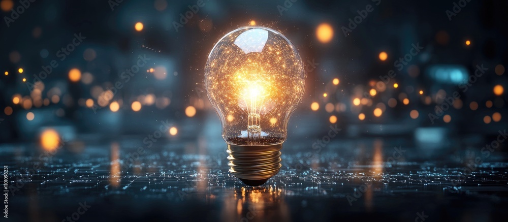 Poster creative business solutions and innovative problem solving with light bulb concept in dark backgroun