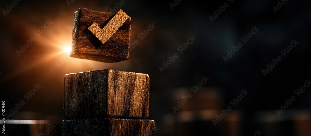 Poster wooden blocks with check sign symbolizing project tracking and quality control in business managemen