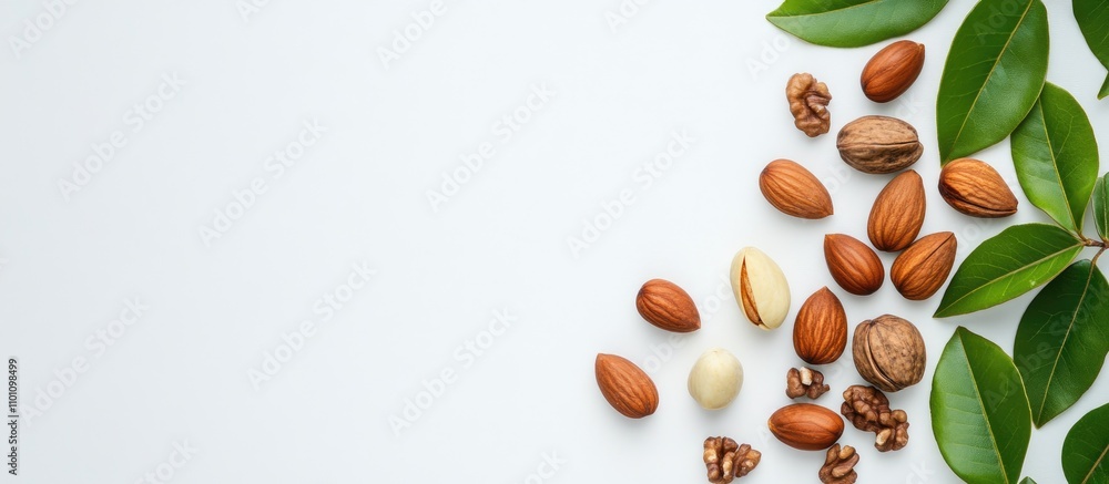 Poster nuts and green leaves arranged on a white background with ample negative space for text or graphic o