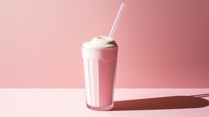 Minimalist milkshake on a pink background with strong shadow emphasizing simplicity and style in drink photography