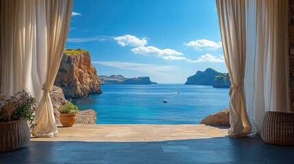 Serene coastal view through open curtains enhancing the tranquil beauty of the sea and cliffs under a bright blue sky.