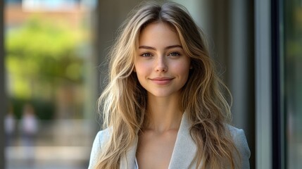 Fototapeta premium Confident young businesswoman smiling outdoors near modern office building