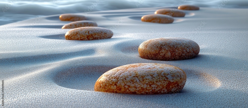 Poster rocks arranged on smooth sand with gentle waves in background symbolizing serenity and natural harmo