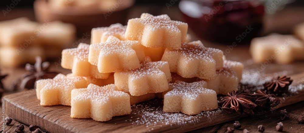 Poster star shaped shortbread cookies dusted with powdered sugar on a rustic wooden table surrounded by spi