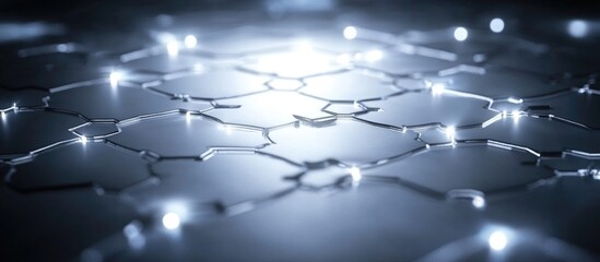 Abstract digital network connection concept with glowing hexagonal patterns representing technology and communication connectivity.