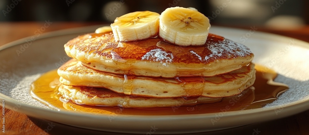 Poster fluffy homemade pancakes topped with banana slices and drizzled with honey on a rustic plate. perfec