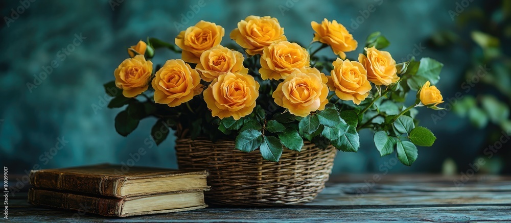 Poster yellow roses in a basket with vintage books on a rustic wooden table background invitingly showcasin
