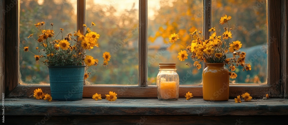 Poster sunlit window scene with flower pots and a candle jar creating a warm and inviting atmosphere in a r