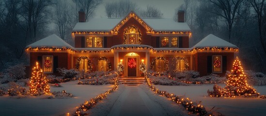 Obraz premium Cozy winter home beautifully decorated for Christmas surrounded by snow and festive lights creating a warm holiday atmosphere