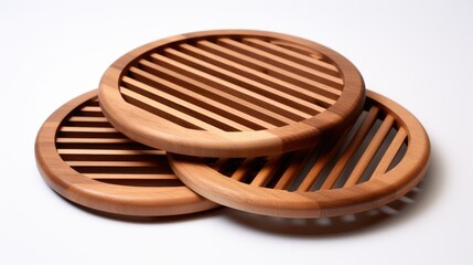 Wooden trivet set featuring three round designs with striped patterns on a clean white background for kitchen and dining decor.