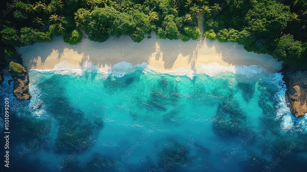 Poster aerial view of serene ocean beach with crashing waves and lush tropical landscape captured from abov