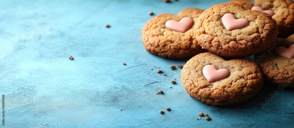 Poster homemade heart-shaped cookies on a bright turquoise background with ample copy space for text or pro