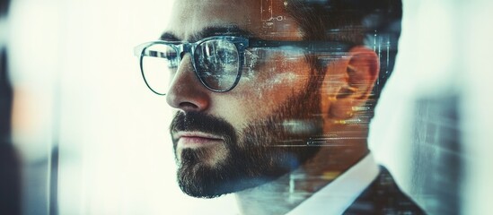 Portrait of an innovative engineer with glasses reflecting modern architecture and technology elements in a professional setting